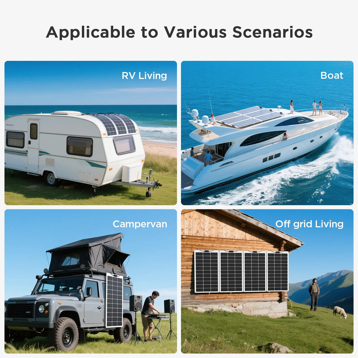 Callsun 100W flexible solar panel - white frame installed on an RV roof, boat deck, campervan, and off-grid cabin wall.