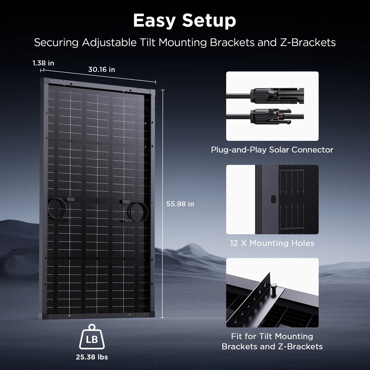 Callsun 215W N-type anti-shade bifacial solar panel black frame size chart displaying dimensions, weight, and tilt mount compatibility.