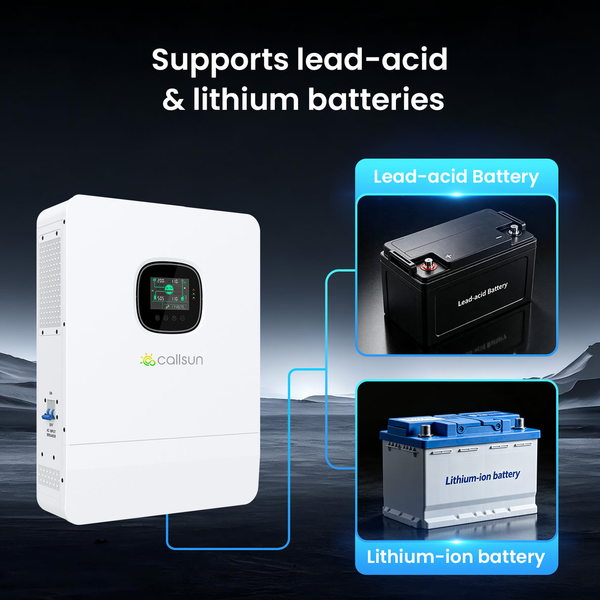 Callsun hybrid inverter supporting lead-acid and lithium-ion batteries for flexible solar power system storage.