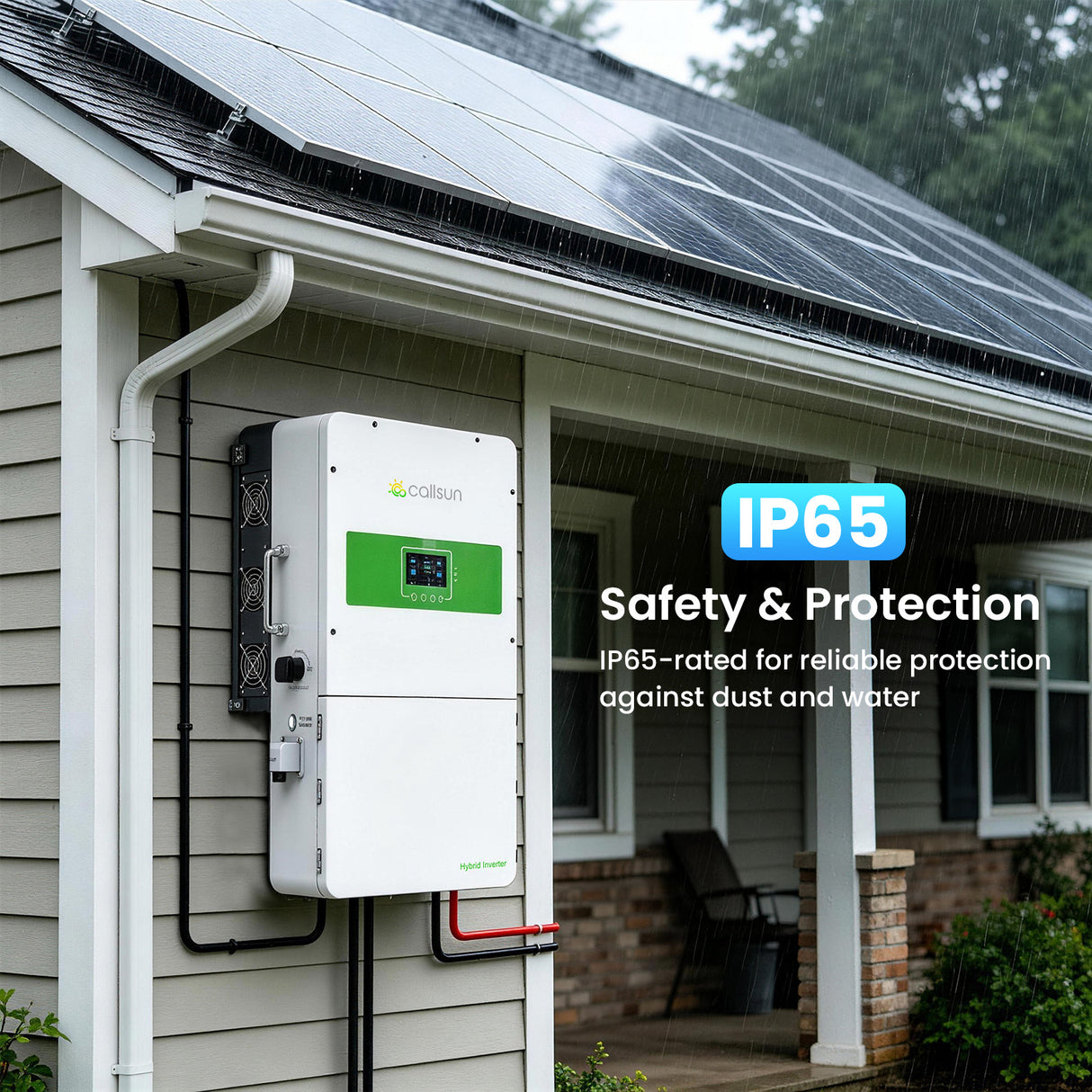 Callsun IP65-rated hybrid inverter mounted on an outdoor residential wall beneath rooftop solar panels during rain for weather protection.