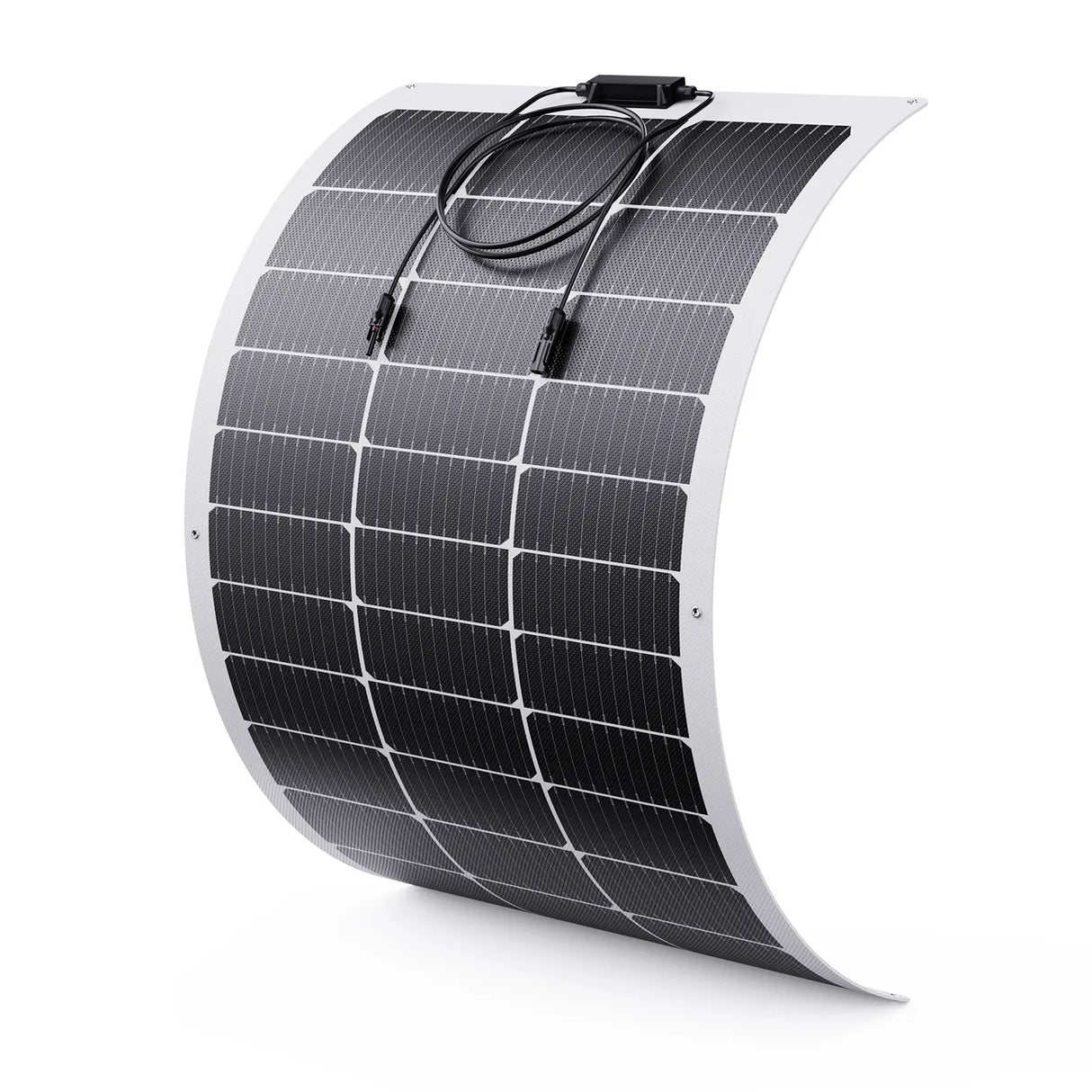A single Callsun 100W flexible solar panel - white frame 1-pack, showcasing its great flexibility for bent RV roofs and marine boats.