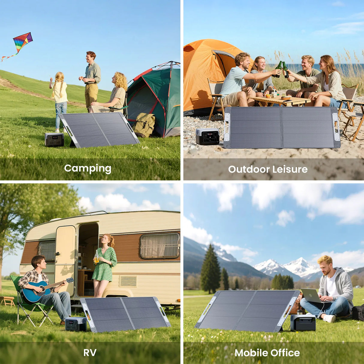 Callsun 110W N-Type portable solar panel used for camping, RV road trips, outdoor leisure, and remote mobile office setup.