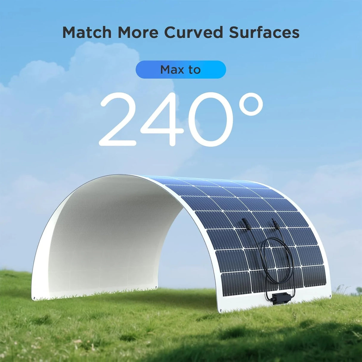 Callsun 200W Flexible Solar Panel designed for curved surfaces, showing a 240-degree bend for RV and boat installation.