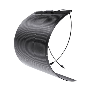 Callsun 100W flexible solar panel curved against a white background, showcasing its bendable design and black finish.
