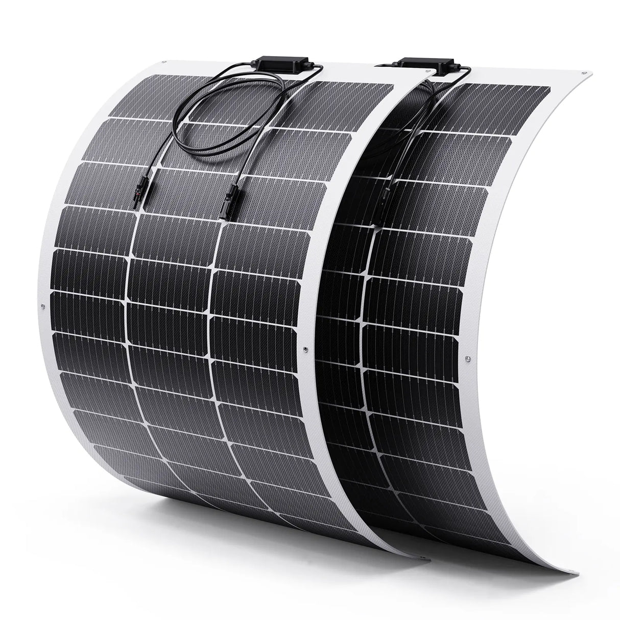 A 2-pack of Callsun 100W flexible solar panel - white frame showing two bent panels for expanded RV and marine boat solar setups.