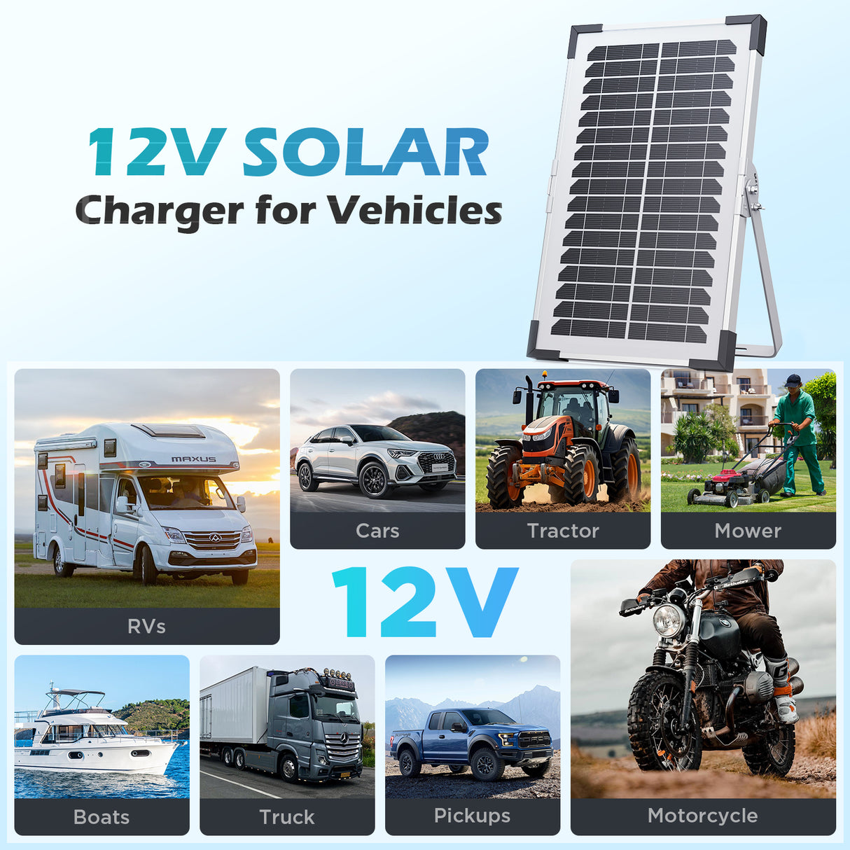 Callsun 7.5W Solar Trickle Charger for 12V vehicle batteries, showing applications for RVs, cars, tractors, lawn mowers, boats, and motorcycles.
