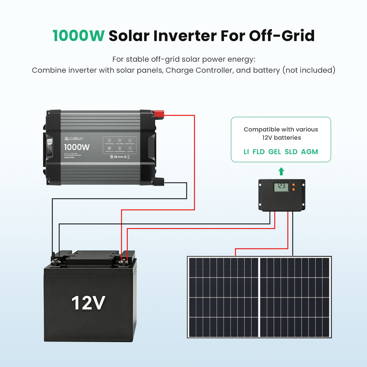 1000W Pure Sine Wave Inverter 12V DC to 120V AC
