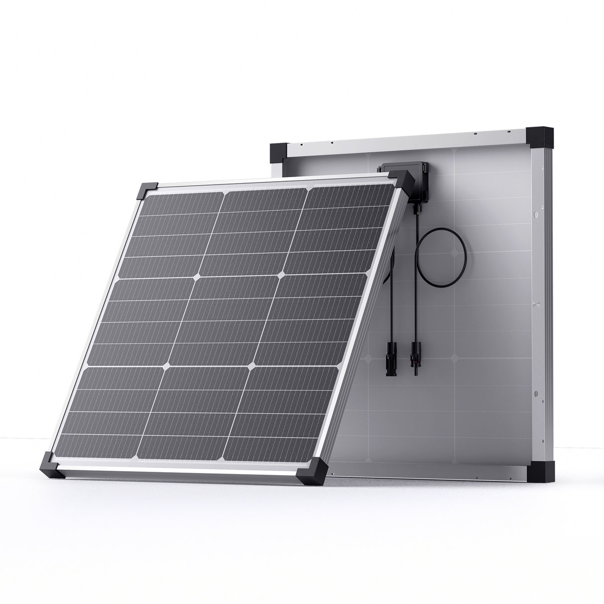 Callsun 50W N-Type Solar Panel – Silver Frame showing 16BB cells and back junction box for 50 watt solar panel RV and off-grid charging.