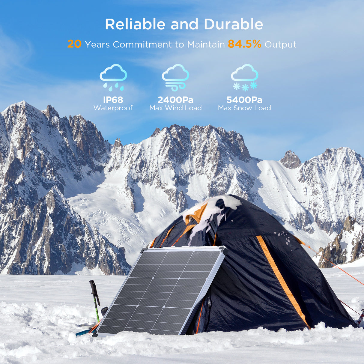 Callsun 50W N-Type Solar Panel – Silver Frame on snow for winter camping 50 watt monocrystalline solar panel off-grid power.