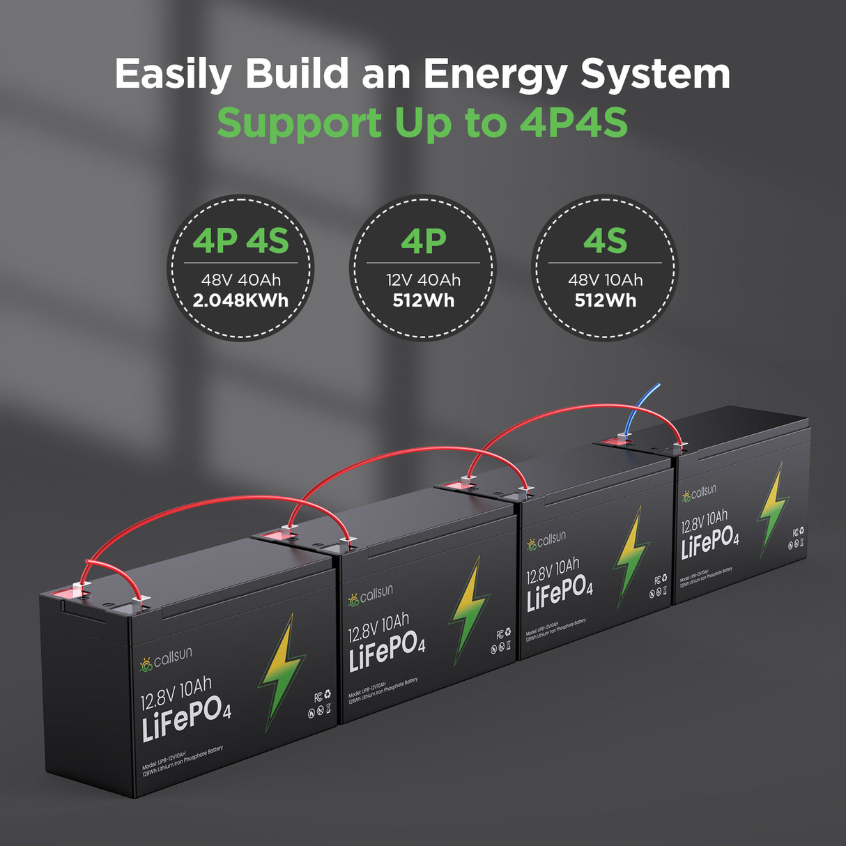 Callsun 12V 100Ah LiFePO4 Deep Cycle Battery with 100A BMS, supporting 4P4S connection to build a reliable off grid solar system.