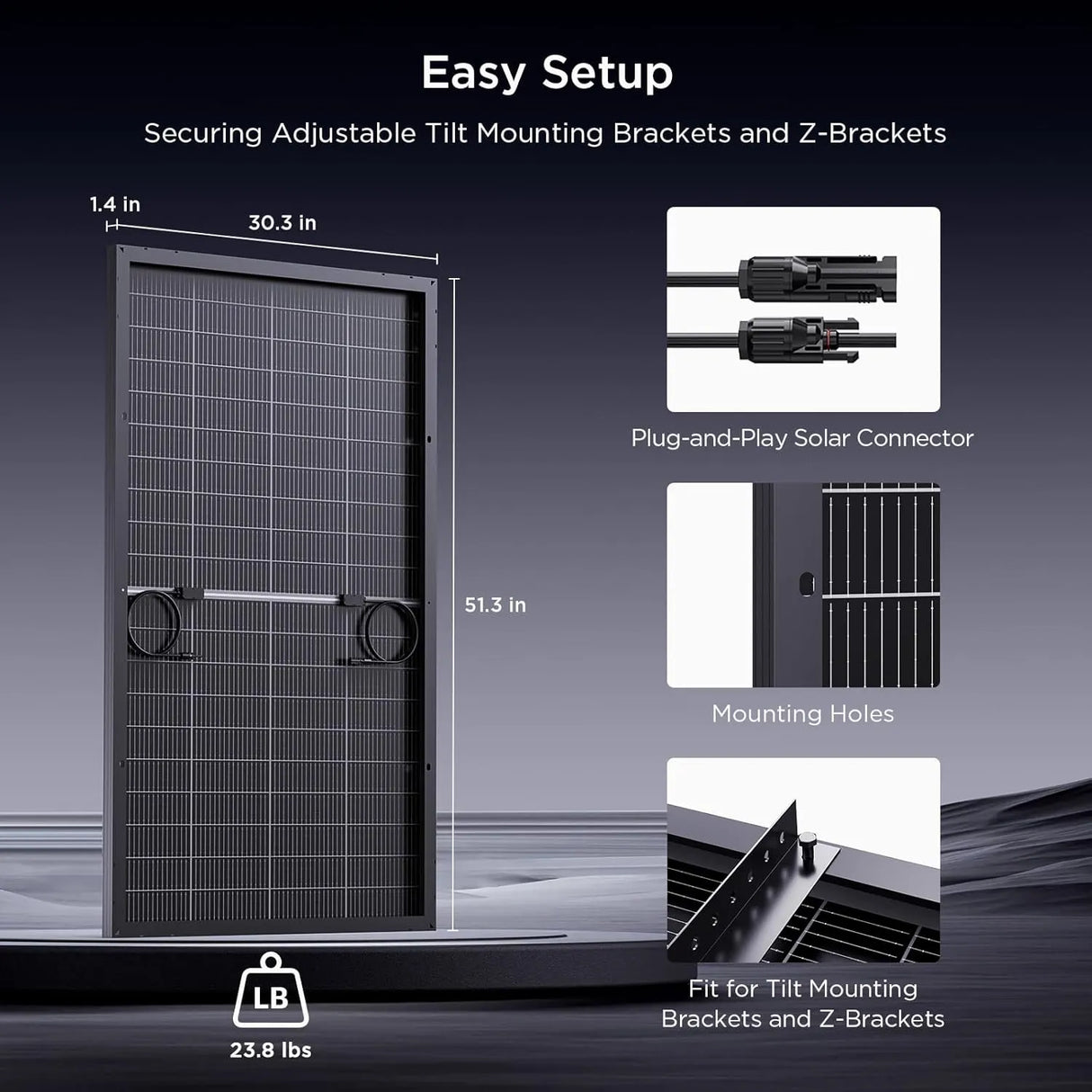 Callsun 200W N-type bifacial solar panel specification and mounting hardware overview showing dimensions, weight, and connectors.