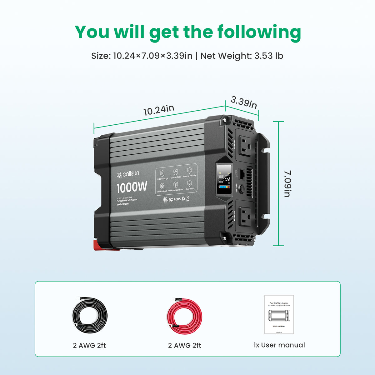 1000W Pure Sine Wave Inverter 12V DC to 120V AC
