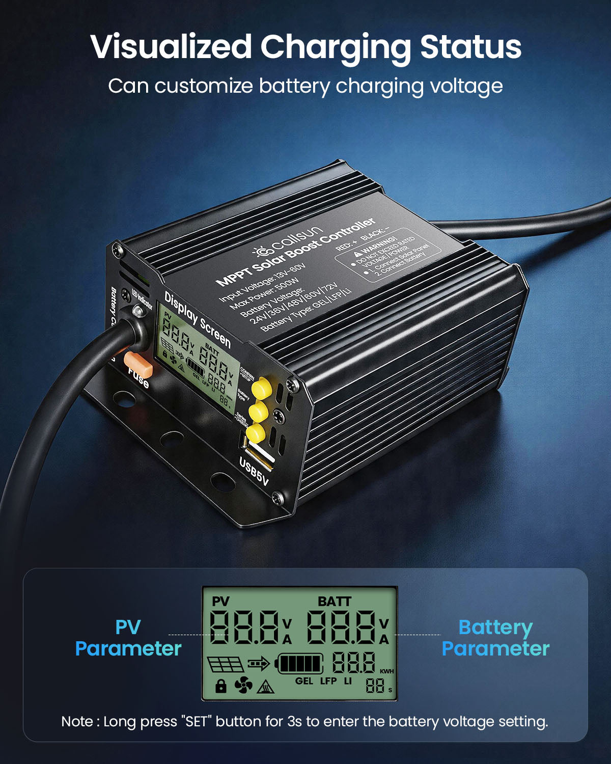 Callsun 500W MPPT solar charge controller highlighting the visualized charging status screen with PV and battery parameters.