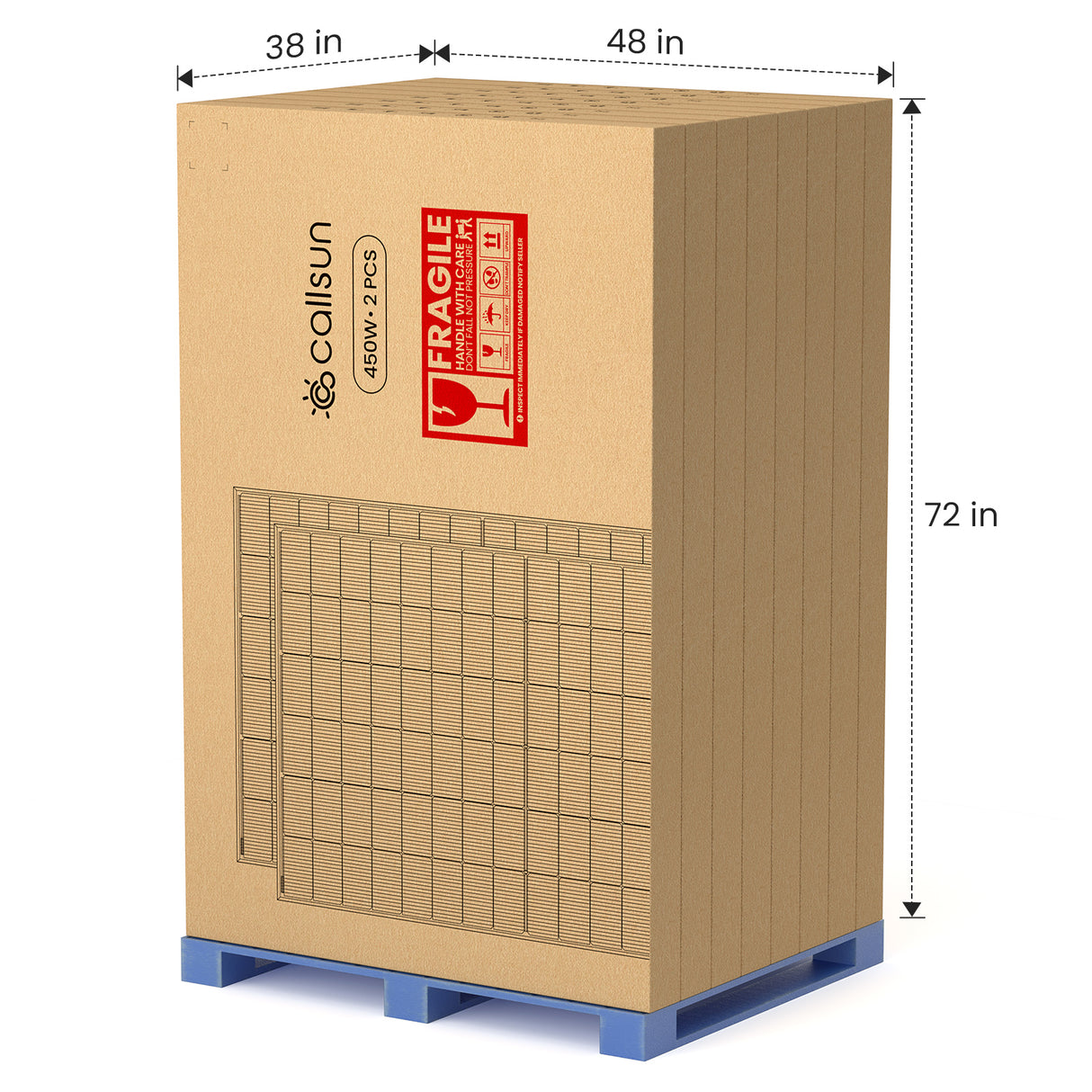 Wholesale solar panels on pallet - Callsun 450W n-type (2 pcs) shipping dimensions 38x48x72 in.
