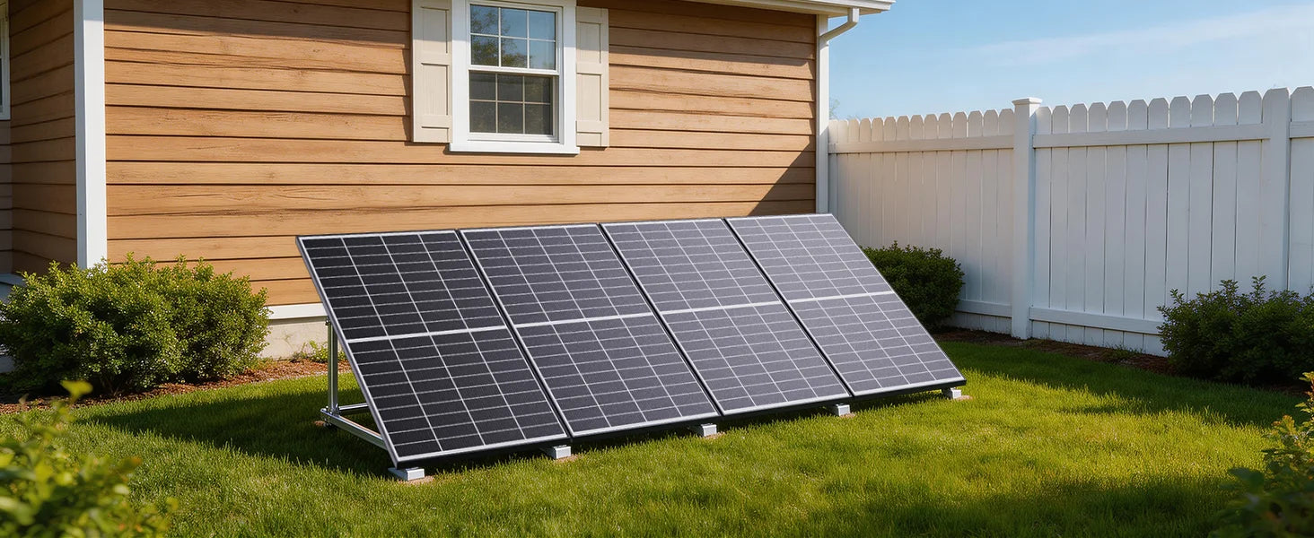 Callsun n-type bifacial solar panel array mounted on ground brackets in a residential backyard lawn next to a house.