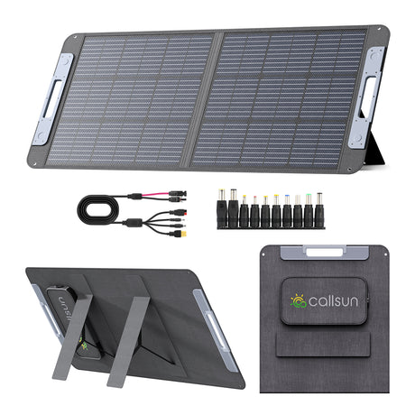 Callsun 100W N-Type Portable Solar Panel with high-efficiency cells and various charging connectors.