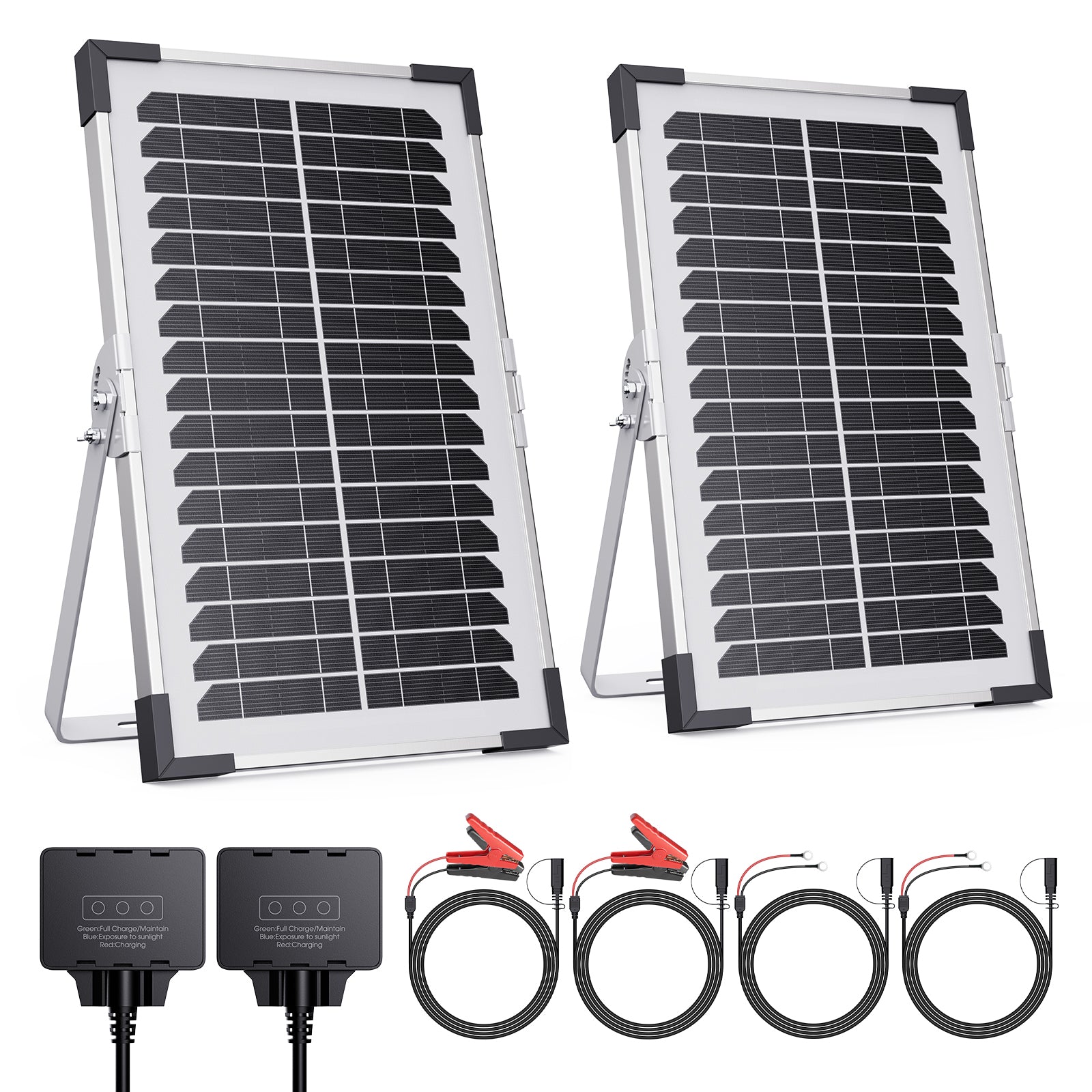 Callsun 7.5W 12V Solar Battery Maintainer & Trickle Charger 2-pack kit with rigid panels, charge controllers, and alligator clips.