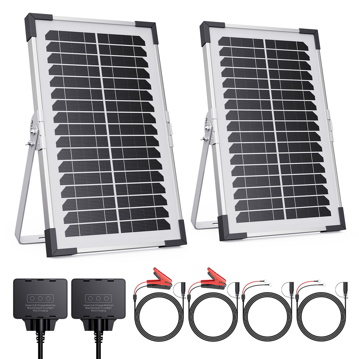 Callsun 7.5W 12V Solar Battery Maintainer & Trickle Charger 2-pack kit with rigid panels, charge controllers, and alligator clips.