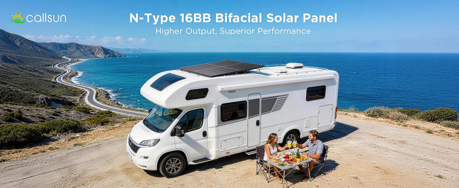 Callsun N-type bifacial solar panel installed on a camper van roof for coastal off-grid camping and outdoor living.