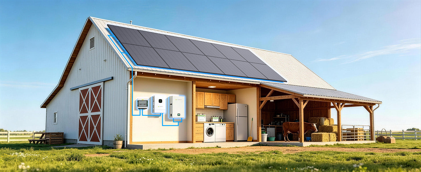Callsun solar panel system with inverter and battery, providing off-grid energy for a modern farm barn and residential appliances.