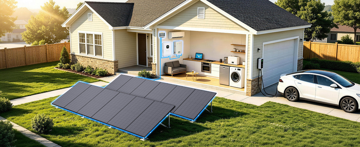 Callsun residential solar ground mount system with inverter and battery, powering a home and an electric vehicle in a suburban setting.