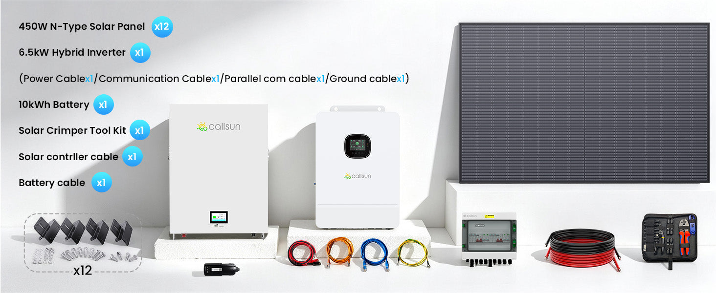 Callsun 450W solar panel and 10kWh battery power kit with hybrid inverter, featuring complete cables and tools for off-grid energy.