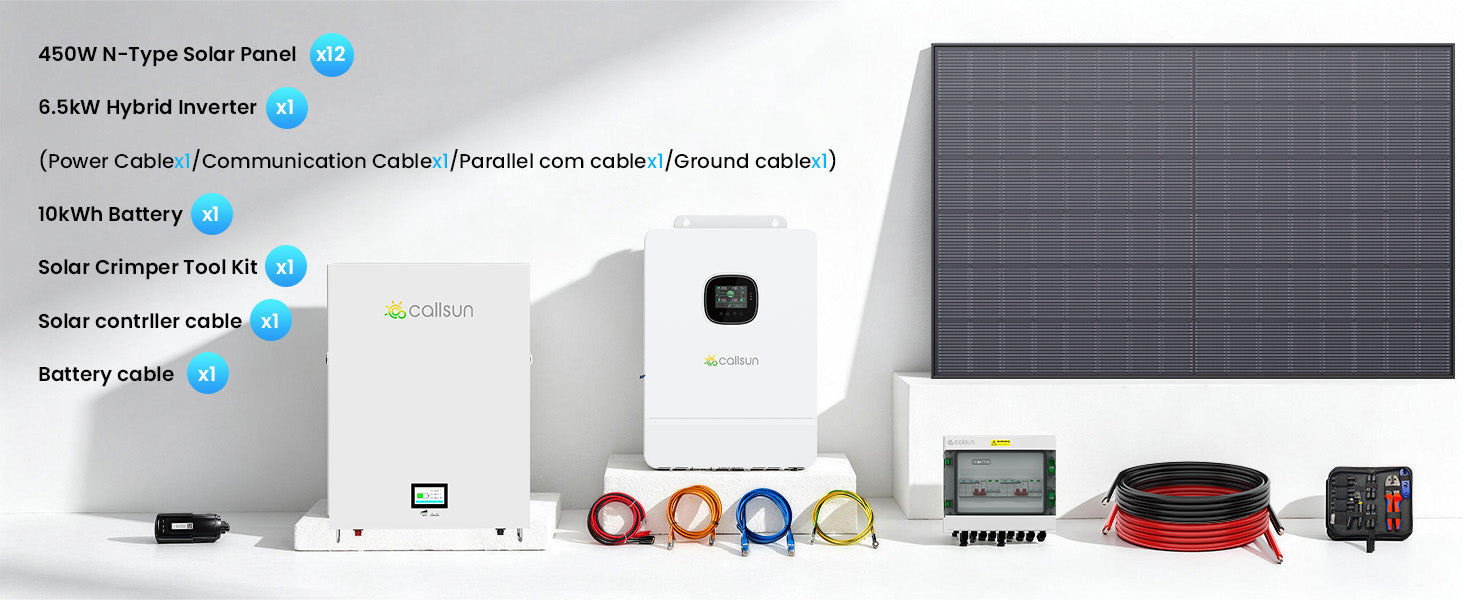 Callsun solar kit featuring 450W N-Type panels, 6.5kW hybrid inverter, 10kWh battery, and complete installation accessories.