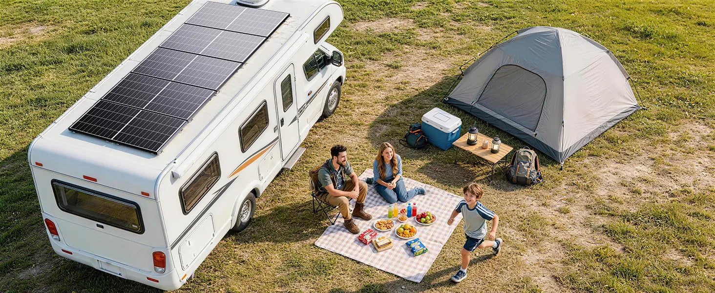 Callsun 200W n-type bifacial solar panels installed on an RV roof, powering an outdoor family picnic and camping scene on a sunny day.