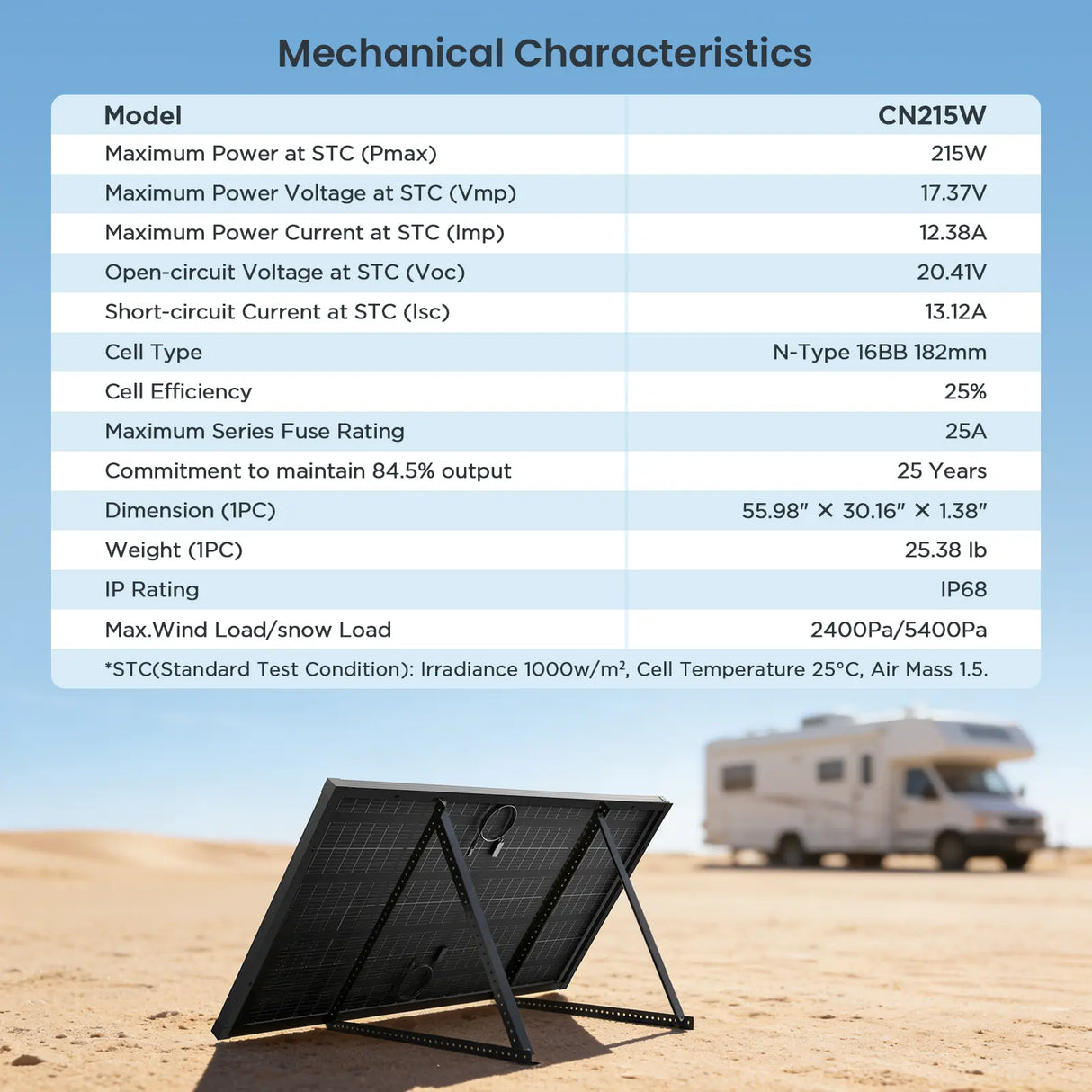 Callsun 215W N-type anti-shade bifacial solar panel specs table detailing dimensions and electrical data next to an RV in the desert.