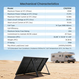 Callsun 215W N-type anti-shade bifacial solar panel specs table detailing dimensions and electrical data next to an RV in the desert.