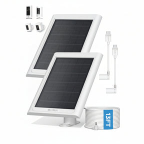 Callsun 2.4W solar panel 2-pack for Ring battery cameras, including 13ft charging cables for reliable outdoor power.