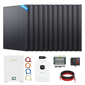 Callsun 450W solar kit with 12 rigid panels, hybrid inverter, battery, and installation tools for complete off-grid power solutions.