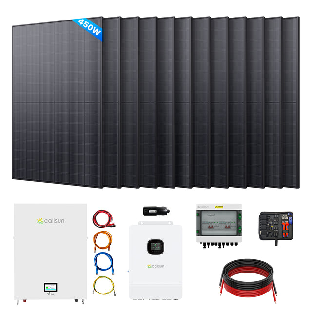 Callsun 450W solar kit with 12 rigid panels, hybrid inverter, battery, and installation tools for complete off-grid power solutions.