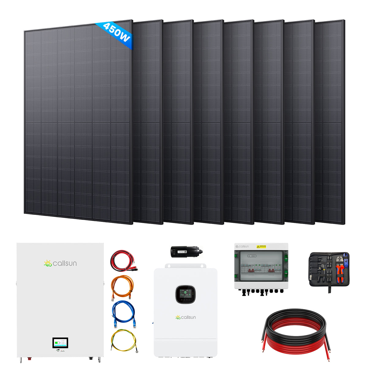 Callsun 450W solar kit with 12 rigid panels, hybrid inverter, battery, and installation tools for complete off-grid power solutions.