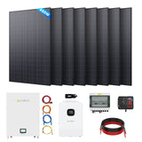 Callsun 450W solar kit with 12 rigid panels, hybrid inverter, battery, and installation tools for complete off-grid power solutions.
