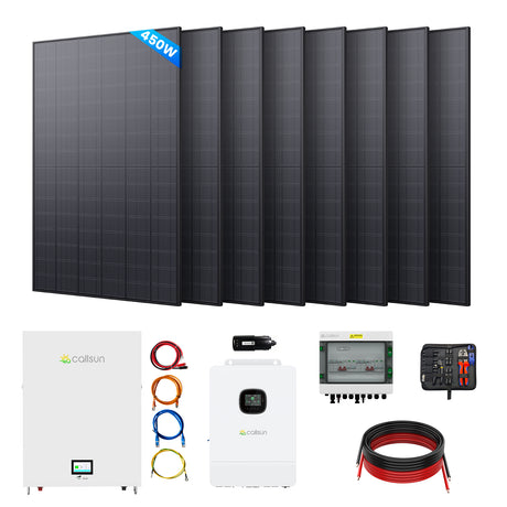 Callsun 450W solar kit with 12 rigid panels, hybrid inverter, battery, and installation tools for complete off-grid power solutions.