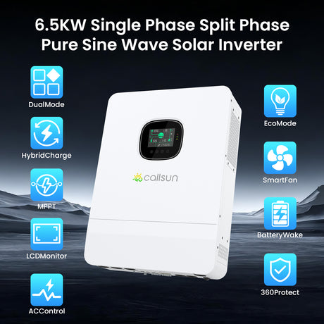 Callsun 6.5kW single phase split phase pure sine wave solar inverter with advanced hybrid charging and intelligent monitoring features.