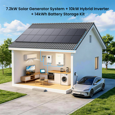 Callsun 7.2kW solar generator system with 10kW hybrid inverter and 14kWh battery storage kit installed on a modern residential home.