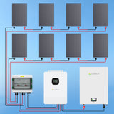 Callsun solar system wiring diagram showing panels connected to a combiner box, hybrid inverter, and battery storage setup.