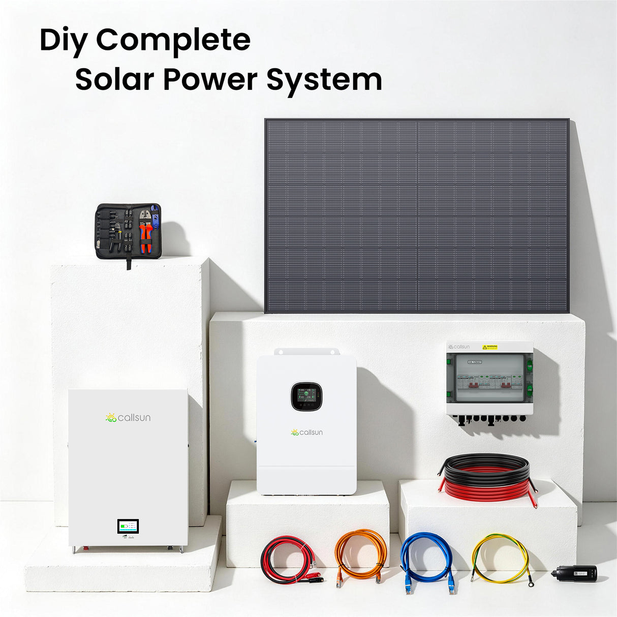 Callsun complete DIY solar power system kit featuring a rigid solar panel, hybrid inverter, battery, and necessary installation cables.