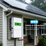 Callsun IP65-rated hybrid inverter mounted on an outdoor residential wall beneath rooftop solar panels during rain for weather protection.
