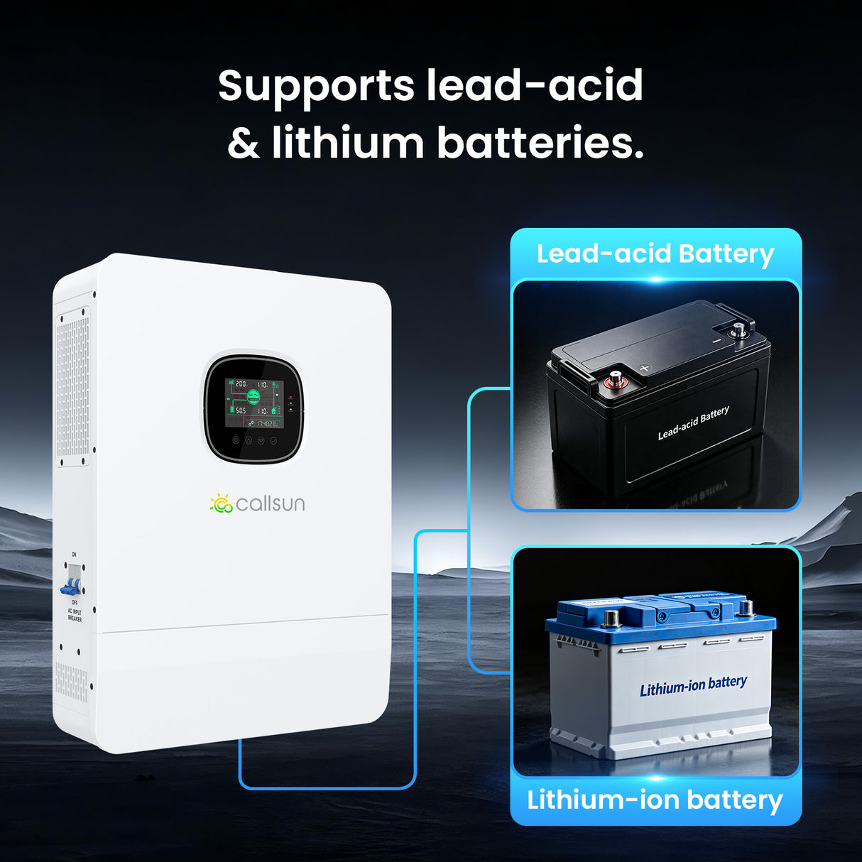 Callsun hybrid inverter supporting lead-acid and lithium-ion batteries for flexible solar power system storage configurations.