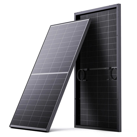 Callsun 200W N-type bifacial solar panel showing dual-sided glass design and rigid aluminum frame construction.