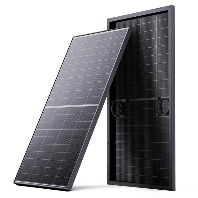 Callsun 200W N-type bifacial solar panel showing dual-sided glass design and rigid aluminum frame construction.