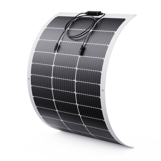 A single Callsun 100W flexible solar panel - white frame 1-pack, showcasing its great flexibility for bent RV roofs and marine boats.