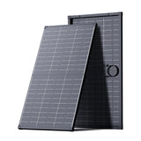 Callsun 120W N-Type bifacial solar panel, front and rear views showing dual-sided cells and black frame.