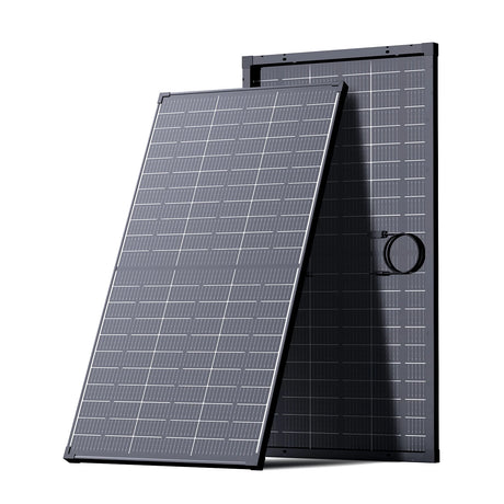 Callsun 120W N-Type bifacial solar panel, front and rear views showing dual-sided cells and black frame.