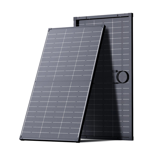 Callsun 120W N-Type bifacial solar panel, front and rear views showing dual-sided cells and black frame.