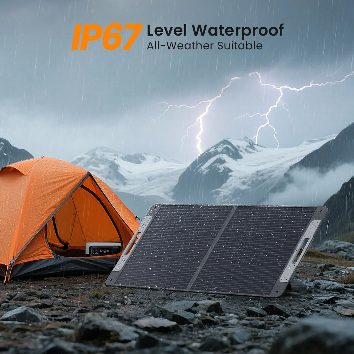 Callsun 110W N-Type portable solar panel with IP67 waterproof rating during a rainy outdoor camping storm.