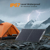 Callsun 110W N-Type portable solar panel with IP67 waterproof rating during a rainy outdoor camping storm.